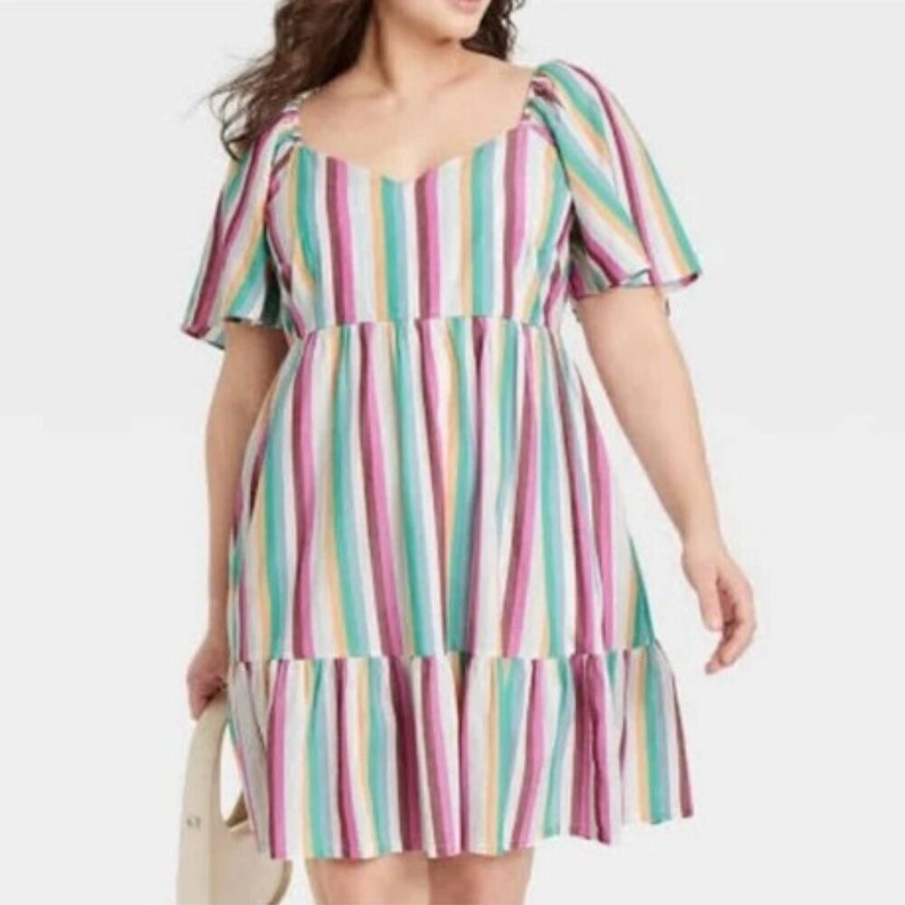 Ava & Viv Multicolor Flutter Sleeve Tiered Knee Length Dress Size X 14